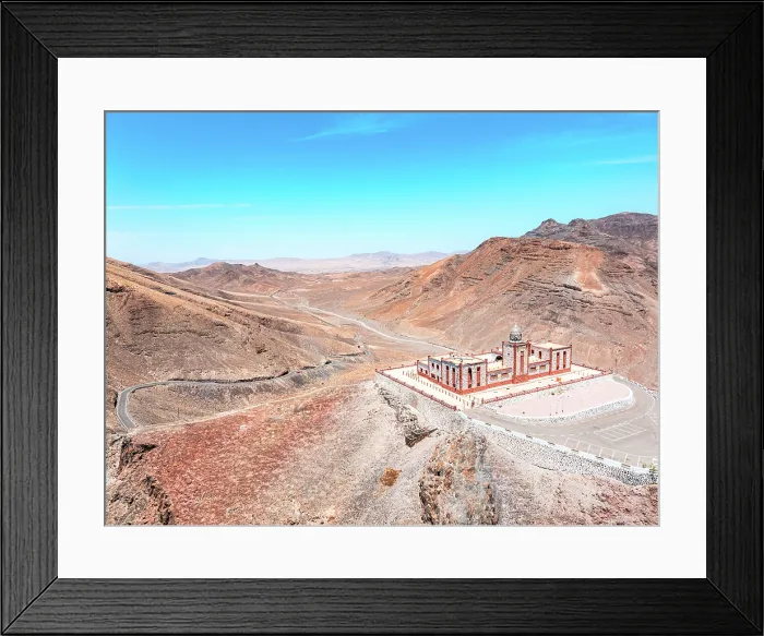 Framed Print : Aerial view of barren mountains and desert roads surrounding Entallada lighthouse, Tuineje, Fuerteventura, Canary Islands, Spain Framed Print : Aerial view of barren mountains and desert roads surrounding Entallada lighthouse, Tuineje, Fuerteventura, Canary Islands, Spain