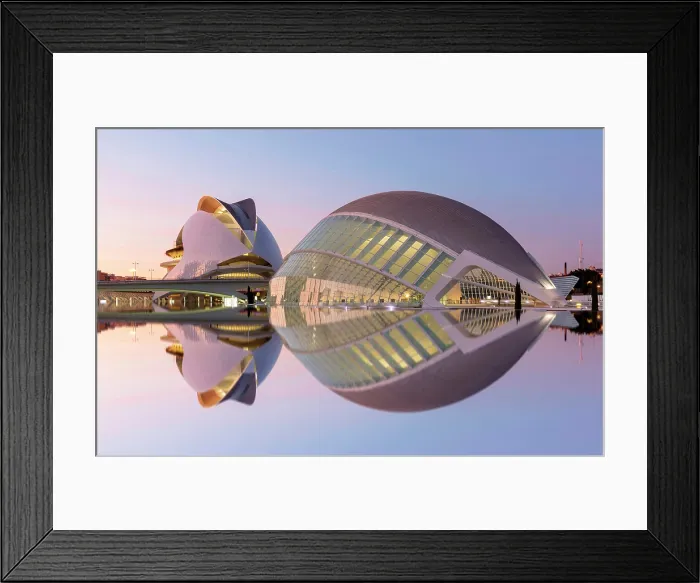 Framed Print : Classic view of the Ciudad de los artes y ciencias (City of Arts and Sciences) reflecting in a shallow pool of water at dawn, Valencia, Spain Framed Print : Classic view of the Ciudad de los artes y ciencias (City of Arts and Sciences) reflecting in a shallow pool of water at dawn, Valencia, Spain