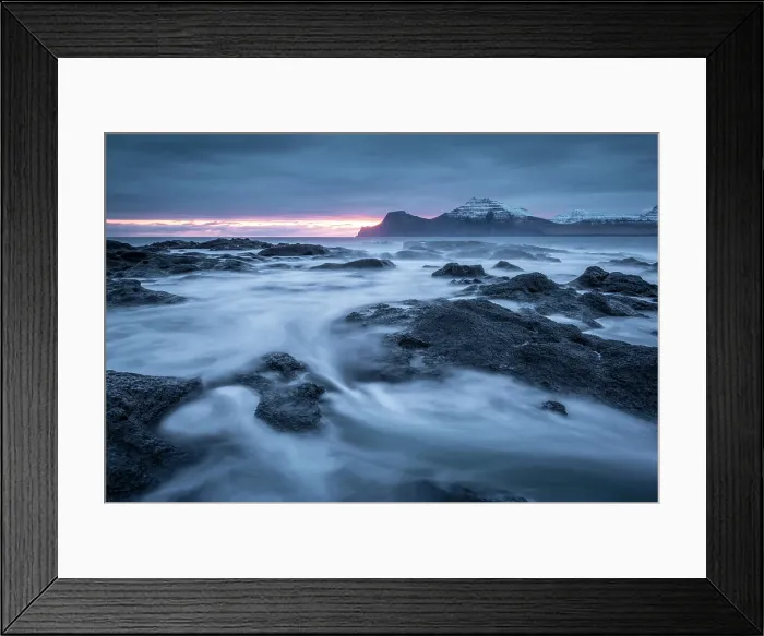 Framed Print : Sunrise over the island of Kalsoy from the basalt ledges at Gjogv on the island of Eysturoy, Faroe Islands Framed Print : Sunrise over the island of Kalsoy from the basalt ledges at Gjogv on the island of Eysturoy, Faroe Islands