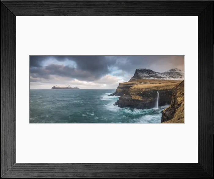 Framed Print : Mulafossa waterfall below the settlement of Gasadalur, with the island of Mykines in the distance, Faroe Islands, Denmark Framed Print : Mulafossa waterfall below the settlement of Gasadalur, with the island of Mykines in the distance, Faroe Islands, Denmark