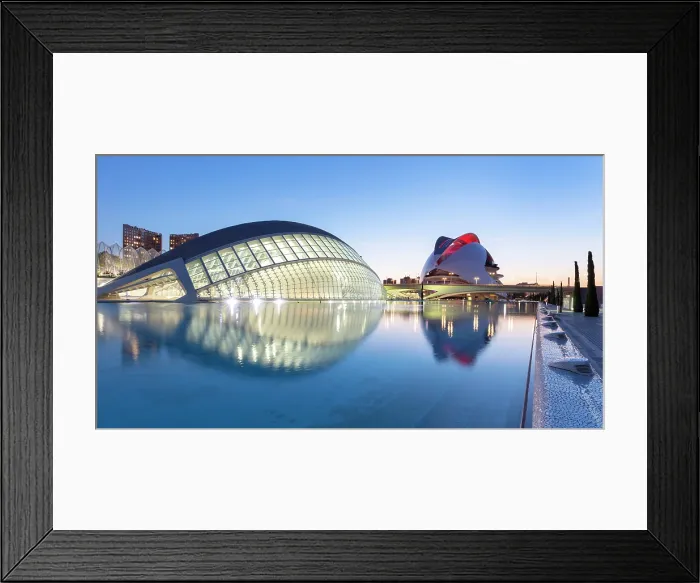 Framed Print : Classic view of the Ciudad de los artes y ciencias (City of Arts and Sciences) reflecting in a shallow pool of water at dawn, Valencia, Spain Framed Print : Classic view of the Ciudad de los artes y ciencias (City of Arts and Sciences) reflecting in a shallow pool of water at dawn, Valencia, Spain