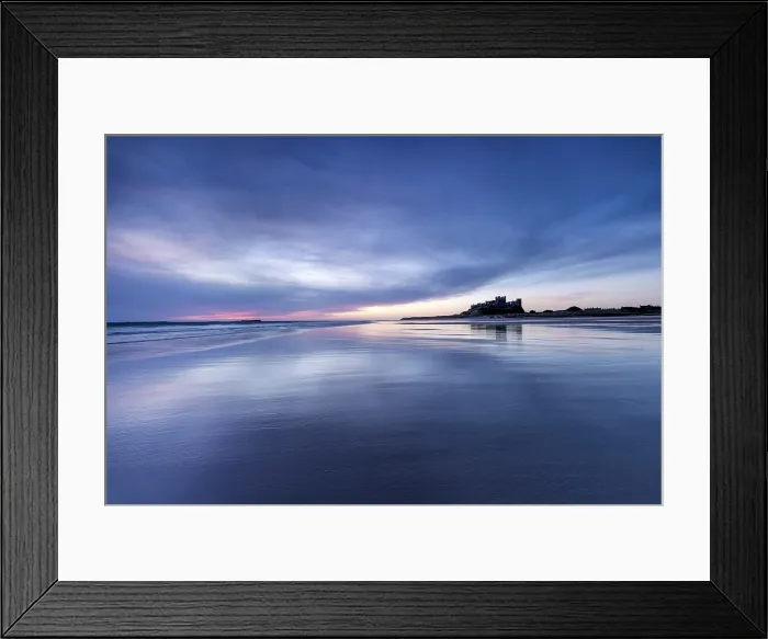 Framed Print : Bamburgh Castle and beach at dawn, Bamburgh, Northumberland, England Framed Print : Bamburgh Castle and beach at dawn, Bamburgh, Northumberland, England