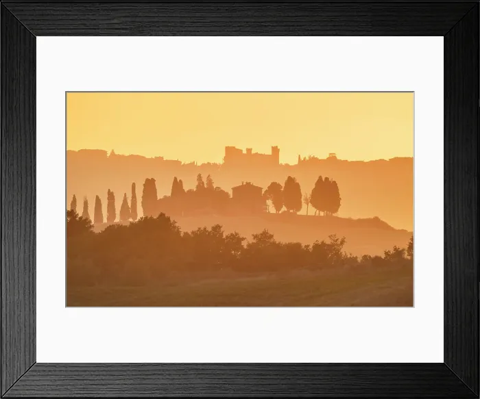 Framed Print : Golden hazy landscape at dusk, Val d'Orcia, near San Quirico d'Orcia, Tuscany, Italy Framed Print : Golden hazy landscape at dusk, Val d'Orcia, near San Quirico d'Orcia, Tuscany, Italy