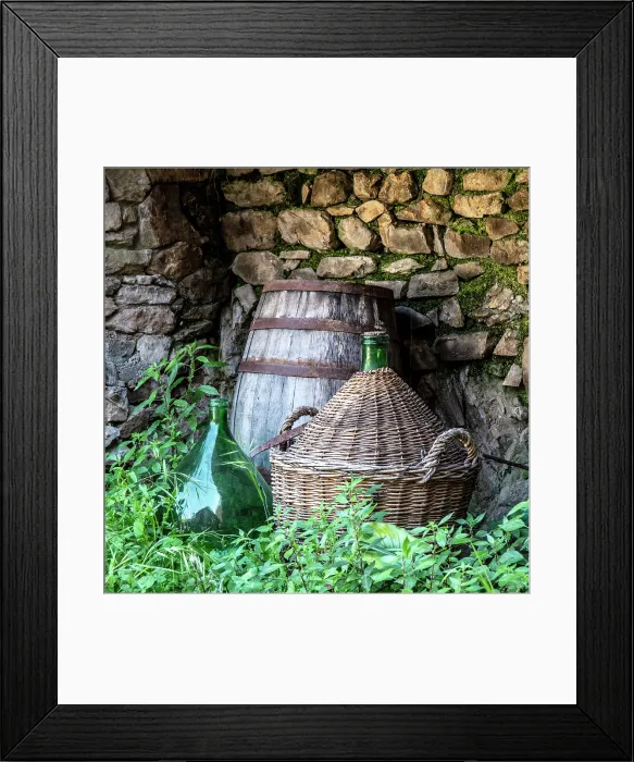 Framed Print : Wine bottles and barrel, the village of Manarola, Cinque Terre, La Spezia district, Liguria, Italy