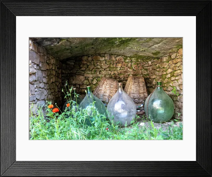 Framed Print : Wine bottles and wicker baskets, the village of Manarola, Cinque Terre, La Spezia district, Liguria, Italy Framed Print : Wine bottles and wicker baskets, the village of Manarola, Cinque Terre, La Spezia district, Liguria, Italy
