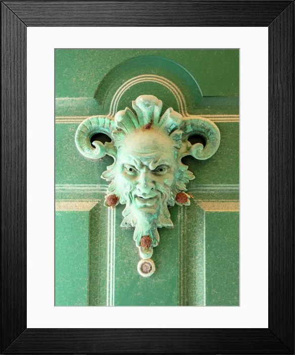 Framed Print : Ornate green doorm knocker on green door, the village of Manarola, Cinque Terre, La Spezia district, Liguria, Italy Framed Print : Ornate green doorm knocker on green door, the village of Manarola, Cinque Terre, La Spezia district, Liguria, Italy
