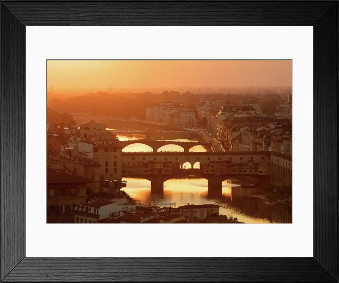 Framed Print : Sunset view over the River Arno and Ponte Vecchio bridge, from Piazzale Michelangelo, Florence, Tuscany, Italy Framed Print : Sunset view over the River Arno and Ponte Vecchio bridge, from Piazzale Michelangelo, Florence, Tuscany, Italy