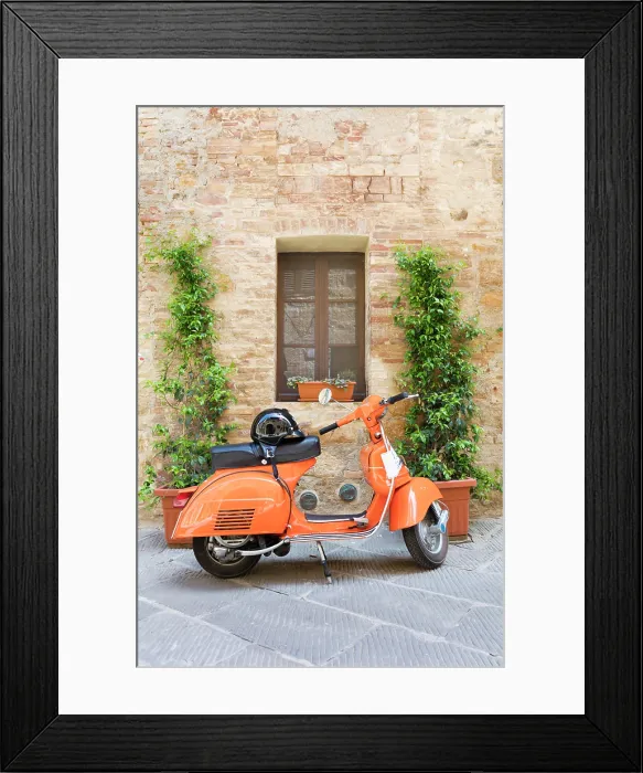 Framed Print : Orange moped against old building, San Quirico d'Orcia, Tuscany, Italy Framed Print : Orange moped against old building, San Quirico d'Orcia, Tuscany, Italy