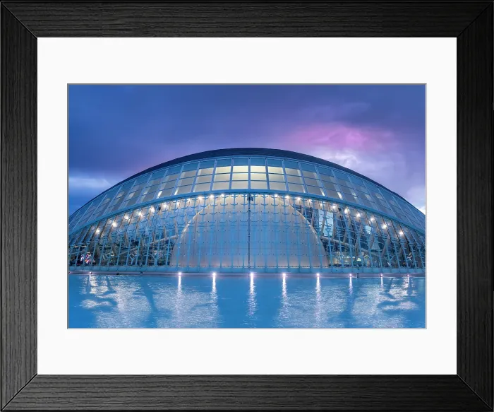 Framed Print : L'hemisferic (Hemispheric) at dusk, Ciudad de los artes y ciencias (City of Arts and Sciences) at dawn, Valencia, Spain Framed Print : L'hemisferic (Hemispheric) at dusk, Ciudad de los artes y ciencias (City of Arts and Sciences) at dawn, Valencia, Spain