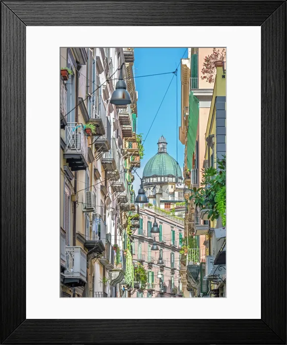 Framed Print : Europe, Italy, Campania. Naples. A road in the historical centre of Naples and a church cupola