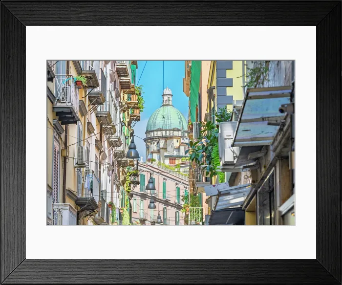 Framed Print : Europe, Italy, Campania. Naples. A road in the historical centre of Naples and a church cupola Framed Print : Europe, Italy, Campania. Naples. A road in the historical centre of Naples and a church cupola