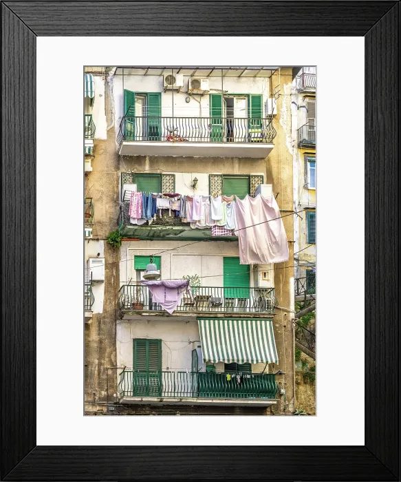 Framed Print : Europe, Italy, Campania. Naples. Typical scene of drying laundry on clotheslines in Naples
