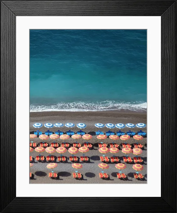 Framed Print : Colourful sunbeds and parasols on the beach, Positano, Amalfi Coast, Salerno Province, Campania, Italy Framed Print : Colourful sunbeds and parasols on the beach, Positano, Amalfi Coast, Salerno Province, Campania, Italy