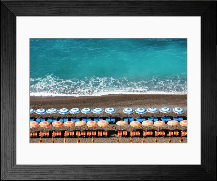 Framed Print : Colourful sunbeds and parasols on the beach, Positano, Amalfi Coast, Salerno Province, Campania, Italy Framed Print : Colourful sunbeds and parasols on the beach, Positano, Amalfi Coast, Salerno Province, Campania, Italy