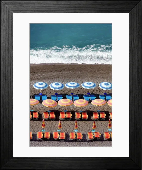 Framed Print : Colourful sunbeds and parasols on the beach, Positano, Amalfi Coast, Salerno Province, Campania, Italy Framed Print : Colourful sunbeds and parasols on the beach, Positano, Amalfi Coast, Salerno Province, Campania, Italy