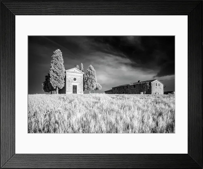 Framed Print : Infrared view of the Chapel of Madonna di Vitaleta, Val d'Orcia, near San Quirico d'Orcia, Tuscany, Italy Framed Print : Infrared view of the Chapel of Madonna di Vitaleta, Val d'Orcia, near San Quirico d'Orcia, Tuscany, Italy
