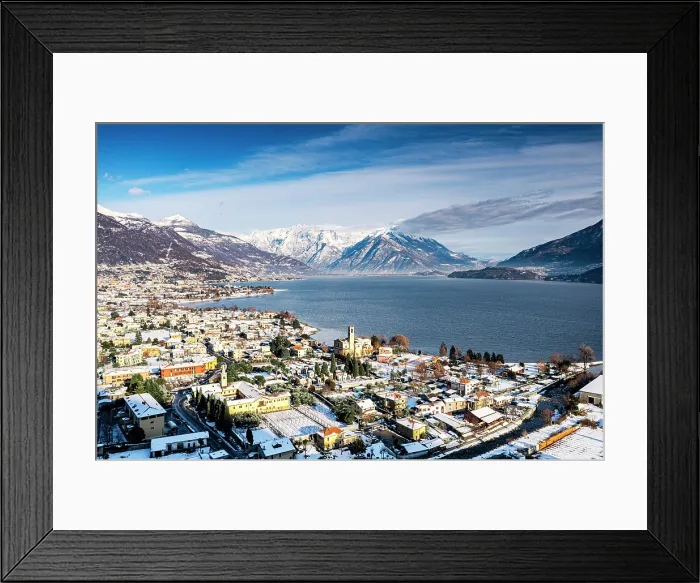 Framed Print : Aerial view of the village of Dongo covered with snow, Lake Como, Lombardy, Italy Framed Print : Aerial view of the village of Dongo covered with snow, Lake Como, Lombardy, Italy