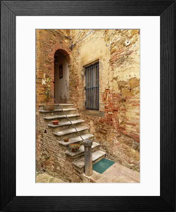 Framed Print : Steps to old house in the ancient village of Montisi, Montalcino, Province of Siena, Tuscany, Italy