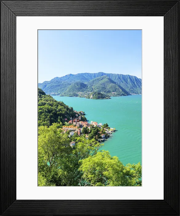 Framed Print : High angle view of Varenna and Bellagio surrounded by trees in summer, Lake Como, Lombardy, Italy
