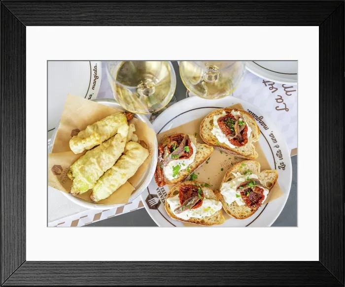 Framed Print : Europe, Italy, Campania. Naples. Light lunch with Bruschetta with anchovies, fried pumpkin flowers, wine Framed Print : Europe, Italy, Campania. Naples. Light lunch with Bruschetta with anchovies, fried pumpkin flowers, wine