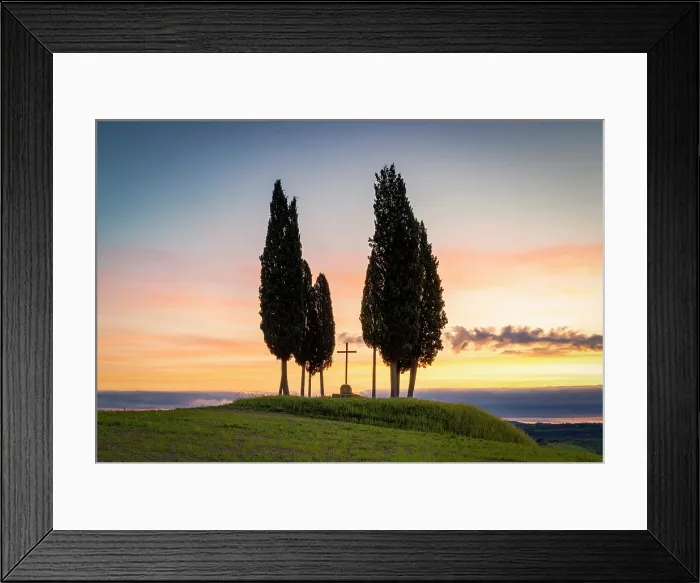 Framed Print : Cypress trees and cross at sunrise, Val d'Orcia, San Quirico d'Orcia, Tuscany, Italy Framed Print : Cypress trees and cross at sunrise, Val d'Orcia, San Quirico d'Orcia, Tuscany, Italy