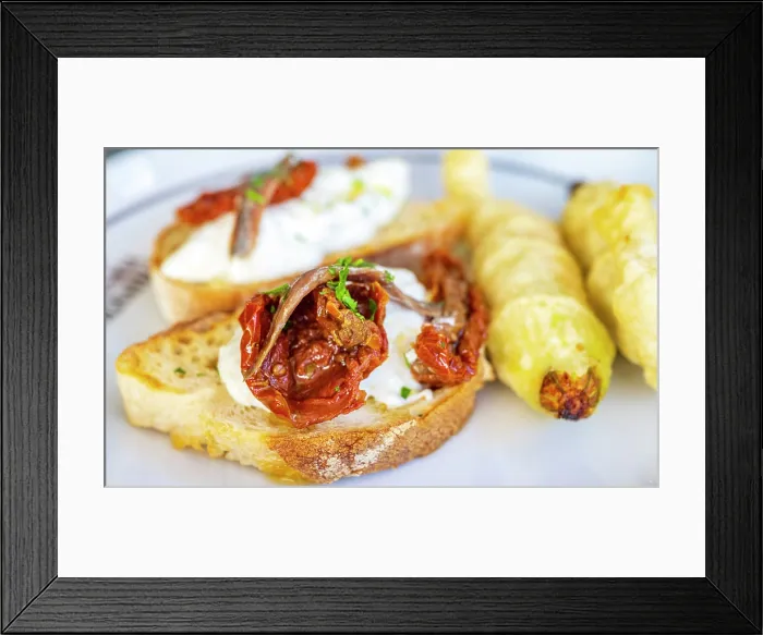 Framed Print : Europe, Italy, Campania. Naples. Light lunch with Bruschetta with anchovies, fried pumpkin flowers Framed Print : Europe, Italy, Campania. Naples. Light lunch with Bruschetta with anchovies, fried pumpkin flowers