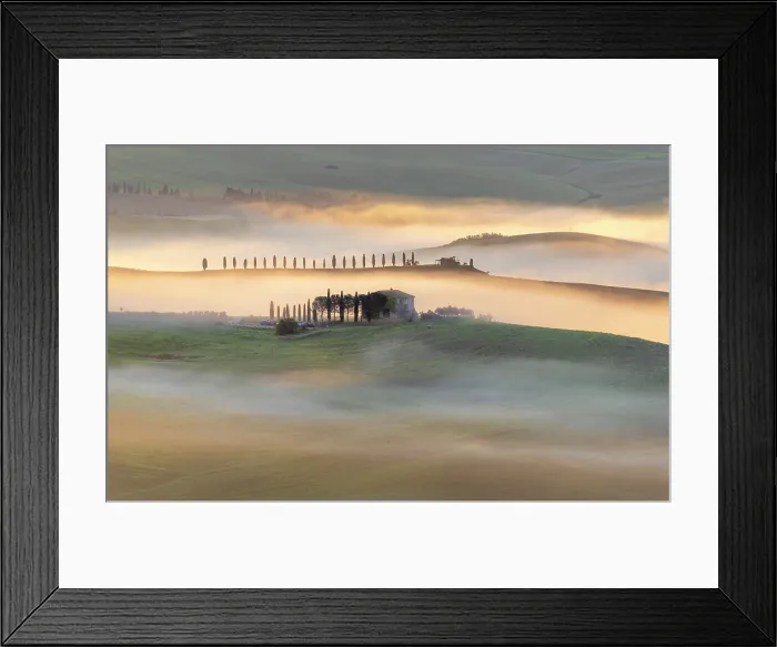 Framed Print : Mist and golden light at sunrise, Val d'Orcia at dawn, San Quirico d'Orcia, Tuscany, Italy Framed Print : Mist and golden light at sunrise, Val d'Orcia at dawn, San Quirico d'Orcia, Tuscany, Italy
