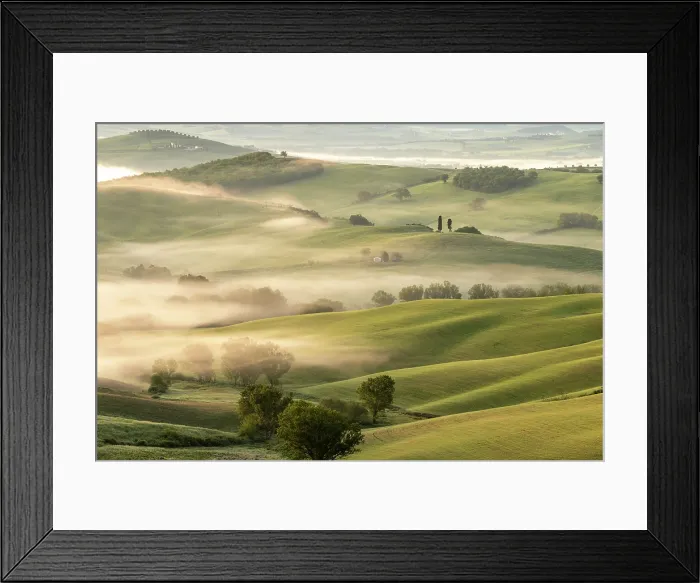 Framed Print : Rolling green landascape and morning mist, Val d'Orcia, San Quirico d'Orcia, Tuscany, Italy Framed Print : Rolling green landascape and morning mist, Val d'Orcia, San Quirico d'Orcia, Tuscany, Italy