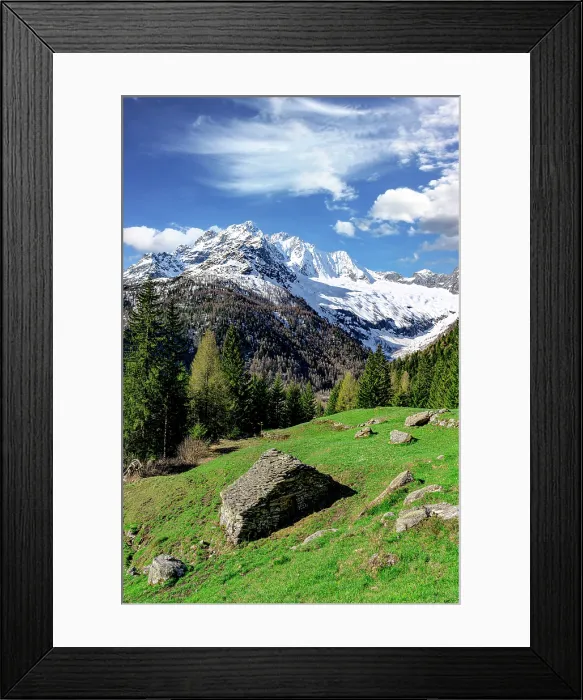 Framed Print : Alpine landscape in spring, Chiareggio, Valmalenco, Sondrio province, Valtellina, Lombardy, Italy Framed Print : Alpine landscape in spring, Chiareggio, Valmalenco, Sondrio province, Valtellina, Lombardy, Italy