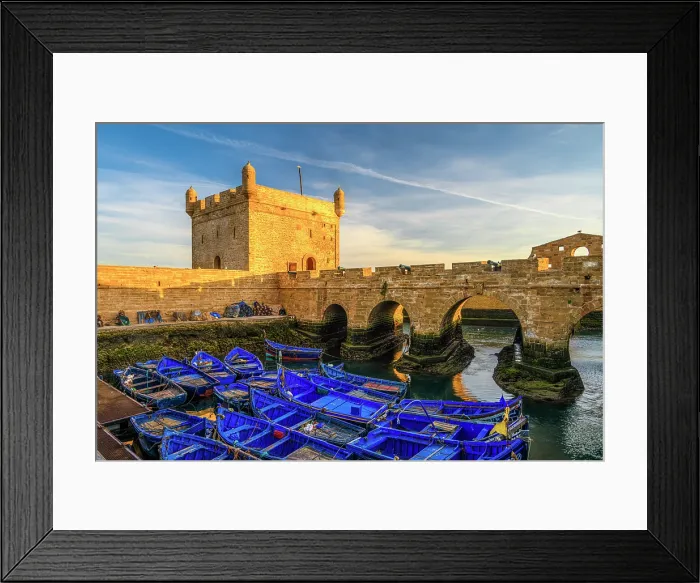 Framed Print : Harbourfront, boats and fortress at dawn, Essaouira, Essaouira, Morocco Framed Print : Harbourfront, boats and fortress at dawn, Essaouira, Essaouira, Morocco