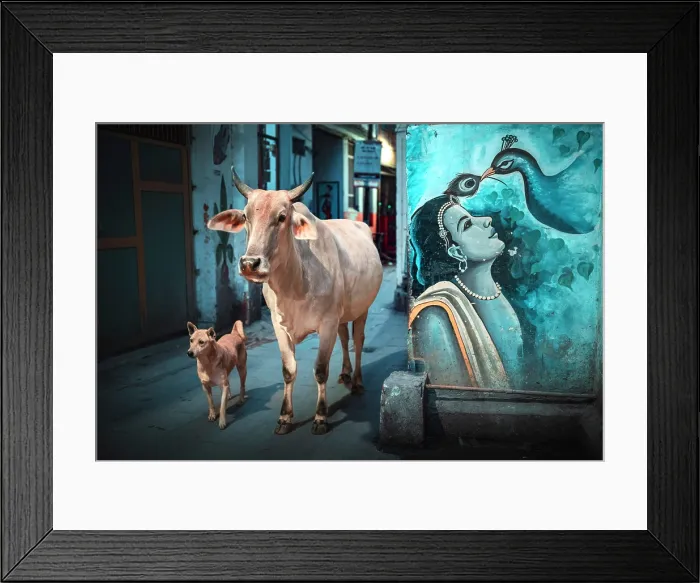 Framed Print : A cow and a dog in a street, Varanasi, Uttar Pradesh, India Framed Print : A cow and a dog in a street, Varanasi, Uttar Pradesh, India