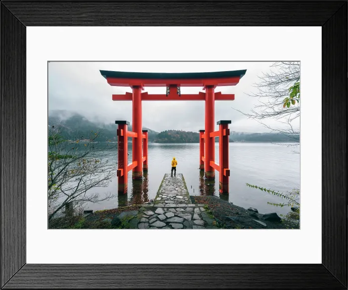 Framed Print : Hakone, Kanagawa Prefecture, Honshu, Japan. Man looking at view from the red Torii gate at lake Ashi (MR) Framed Print : Hakone, Kanagawa Prefecture, Honshu, Japan. Man looking at view from the red Torii gate at lake Ashi (MR)