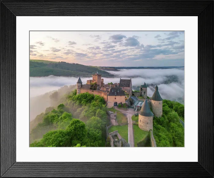 Framed Print : Aerial view at Bourscheid Castle in the Sauer Valley in morning fog, canton Diekirch, Luxembourg Framed Print : Aerial view at Bourscheid Castle in the Sauer Valley in morning fog, canton Diekirch, Luxembourg