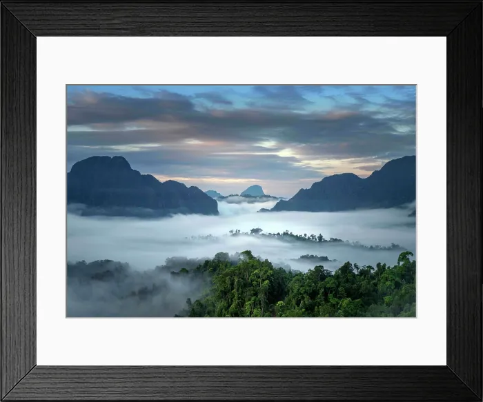 Framed Print : Asia, Laos, Vientiane Province, Vang Vieng, karst landscape at dawn, elevated view Framed Print : Asia, Laos, Vientiane Province, Vang Vieng, karst landscape at dawn, elevated view