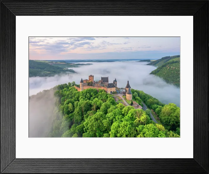 Framed Print : Aerial view at Bourscheid Castle in the Sauer Valley in morning fog, canton Diekirch, Luxembourg Framed Print : Aerial view at Bourscheid Castle in the Sauer Valley in morning fog, canton Diekirch, Luxembourg