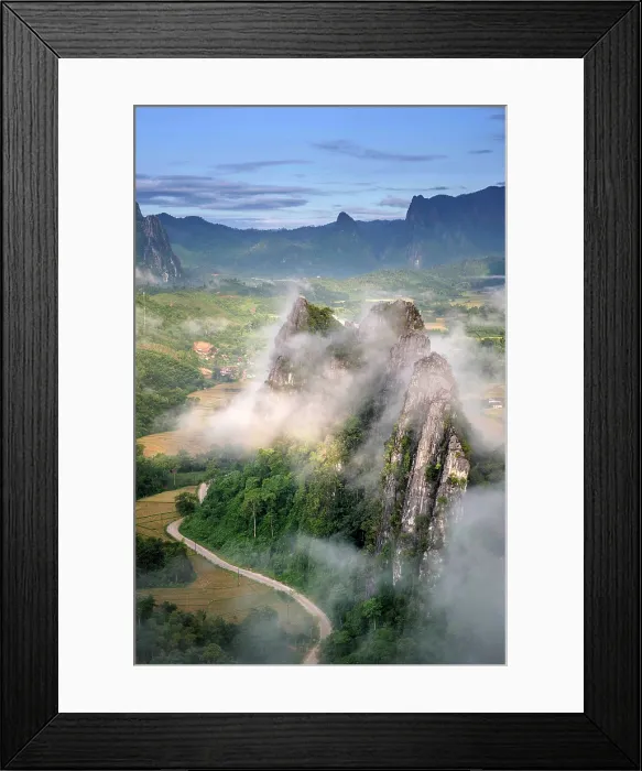 Framed Print : Asia, Laos, Vientiane Province, Vang Vieng, karst landscape at dawn, elevated view Framed Print : Asia, Laos, Vientiane Province, Vang Vieng, karst landscape at dawn, elevated view