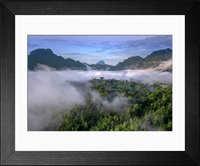 Framed Print : Asia, Laos, Vientiane Province, Vang Vieng, karst landscape at dawn, elevated view Framed Print : Asia, Laos, Vientiane Province, Vang Vieng, karst landscape at dawn, elevated view