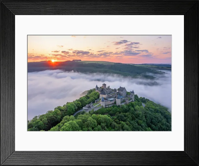 Framed Print : Aerial view at Bourscheid Castle in the Sauer Valley at sunrise, canton Diekirch, Luxembourg Framed Print : Aerial view at Bourscheid Castle in the Sauer Valley at sunrise, canton Diekirch, Luxembourg