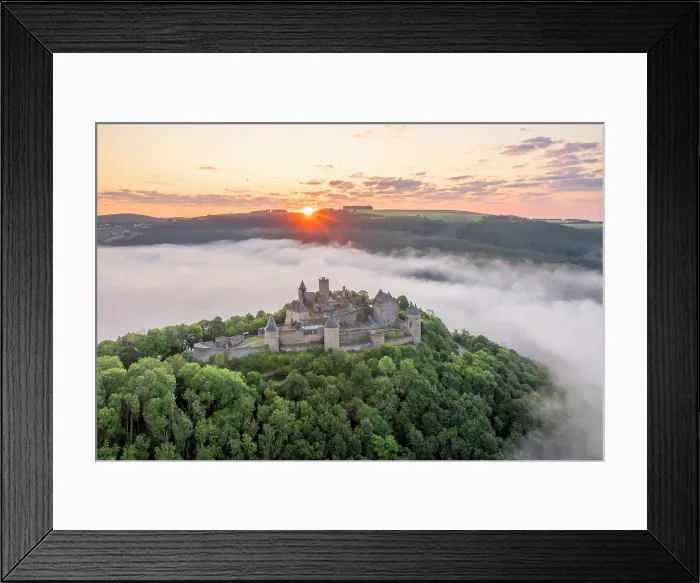 Framed Print : Aerial view at Bourscheid Castle in the Sauer Valley at sunrise, canton Diekirch, Luxembourg Framed Print : Aerial view at Bourscheid Castle in the Sauer Valley at sunrise, canton Diekirch, Luxembourg