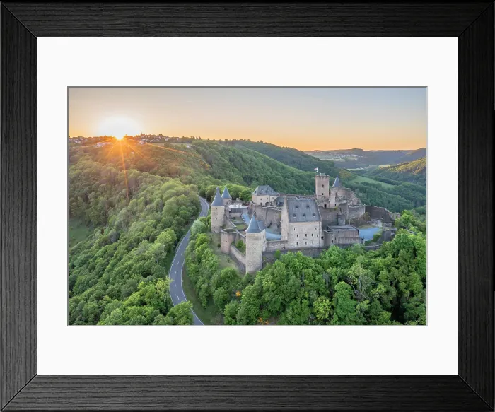 Framed Print : Aerial view at Bourscheid Castle in the Sauer Valley at sunset, canton Diekrich, Luxembourg Framed Print : Aerial view at Bourscheid Castle in the Sauer Valley at sunset, canton Diekrich, Luxembourg