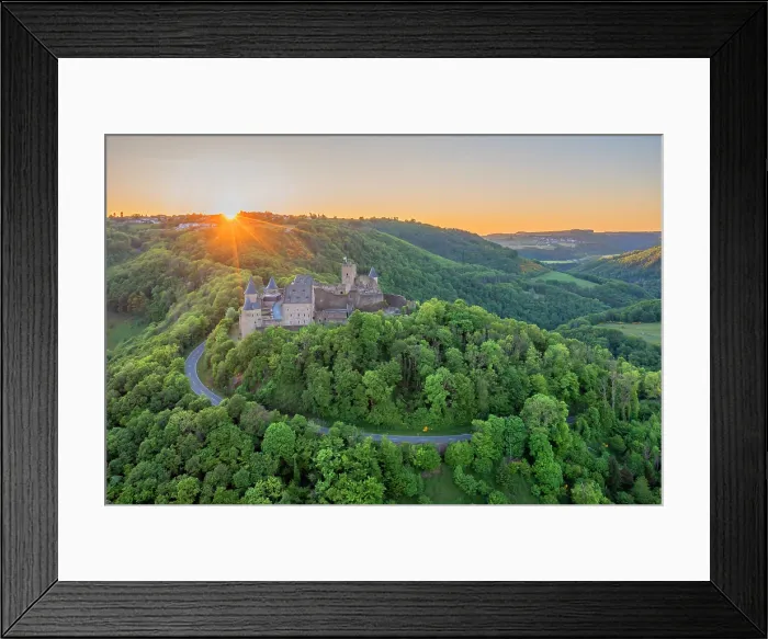 Framed Print : Aerial view at Bourscheid Castle in the Sauer Valley at sunset, canton Diekrich, Luxembourg Framed Print : Aerial view at Bourscheid Castle in the Sauer Valley at sunset, canton Diekrich, Luxembourg