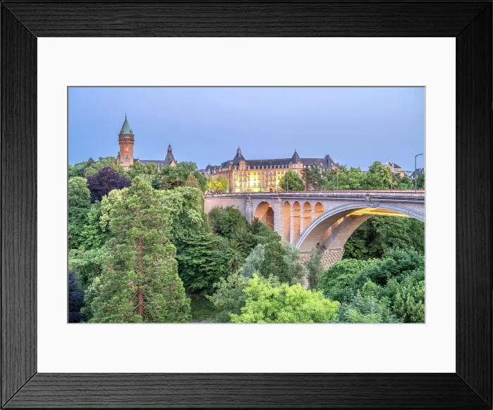 Framed Print : Pont Adolphe with Petrusse valley at dusk, Luxembourg Framed Print : Pont Adolphe with Petrusse valley at dusk, Luxembourg