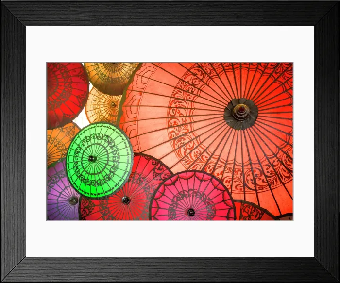 Framed Print : Display of colourful parasols, Bagan, Myanmar (Burma), Asia Framed Print : Display of colourful parasols, Bagan, Myanmar (Burma), Asia