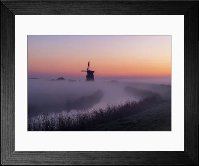 Framed Print : A windmill & canal in the mist at dawn, North Holland, Netherlands Framed Print : A windmill & canal in the mist at dawn, North Holland, Netherlands