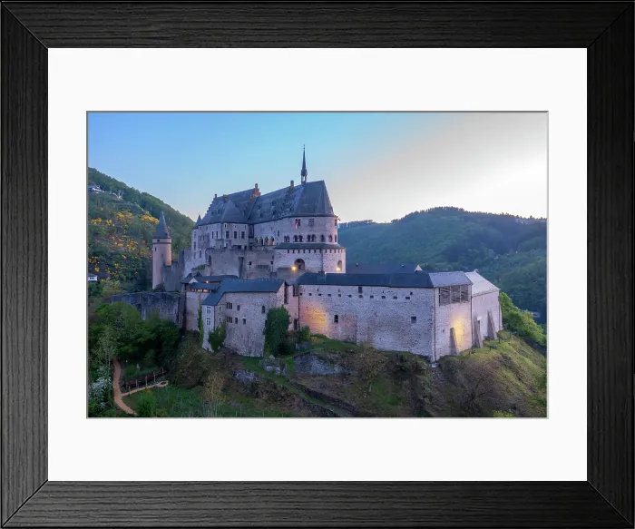 Framed Print : Aerial View at Vianden castle at dawn, canton Vianden, Luxembourg Framed Print : Aerial View at Vianden castle at dawn, canton Vianden, Luxembourg