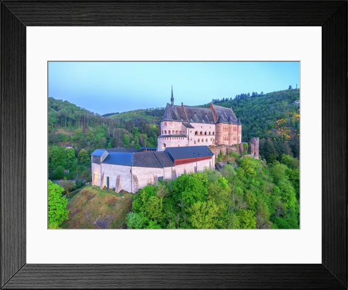 Framed Print : Aerial View at Vianden castle at dawn, canton Vianden, Luxembourg Framed Print : Aerial View at Vianden castle at dawn, canton Vianden, Luxembourg