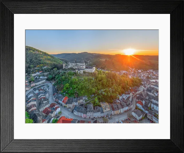 Framed Print : Aerial view at Vianden at sunrise, canton Vianden, Luxembourg Framed Print : Aerial view at Vianden at sunrise, canton Vianden, Luxembourg