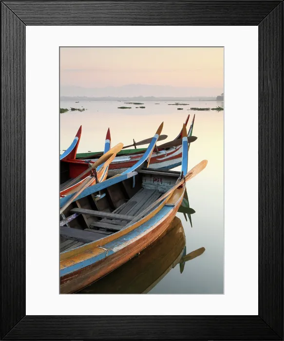 Framed Print : Traditional painted fishing boats at sunrise, Taungthaman Lake, Amarapura, near Mandalay, Myanmar (Burma), Asia Framed Print : Traditional painted fishing boats at sunrise, Taungthaman Lake, Amarapura, near Mandalay, Myanmar (Burma), Asia
