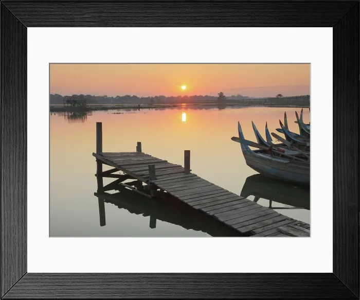 Framed Print : Jetty a traditional painted fishing boats at sunrise, Taungthaman Lake, Amarapura, near Mandalay, Myanmar (Burma), Asia Framed Print : Jetty a traditional painted fishing boats at sunrise, Taungthaman Lake, Amarapura, near Mandalay, Myanmar (Burma), Asia