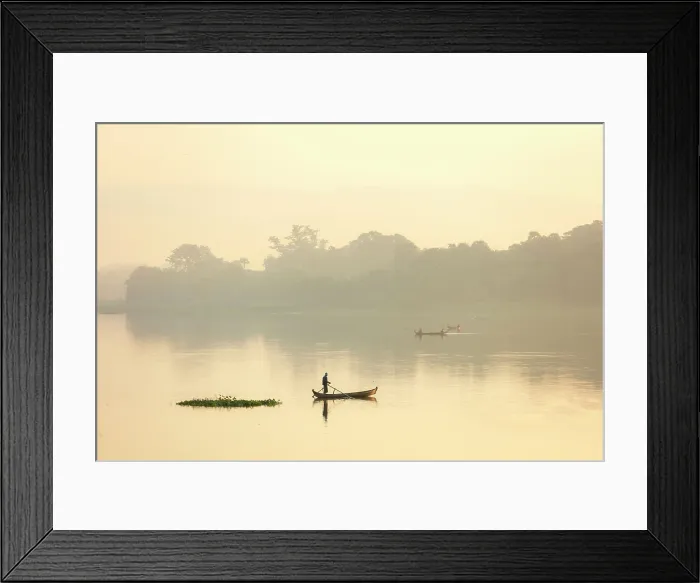 Framed Print : Fishermen on traditional boats at dawn, Taungthaman Lake, Amarapura, near Mandalay, Myanmar (Burma), Asia